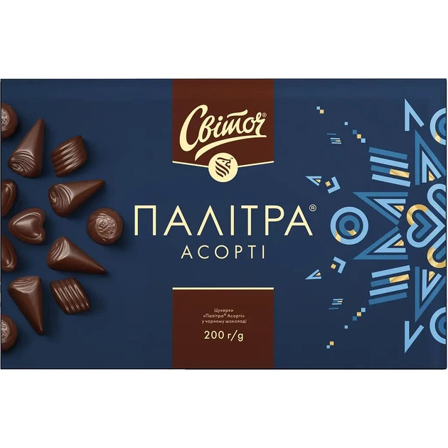 Цукерки Світоч Палітра Асорті в чорному шоколаді 200 г - Фото 1 Цукерки Світоч Палітра Асорті в чорному шоколаді 200 г - изображение 1