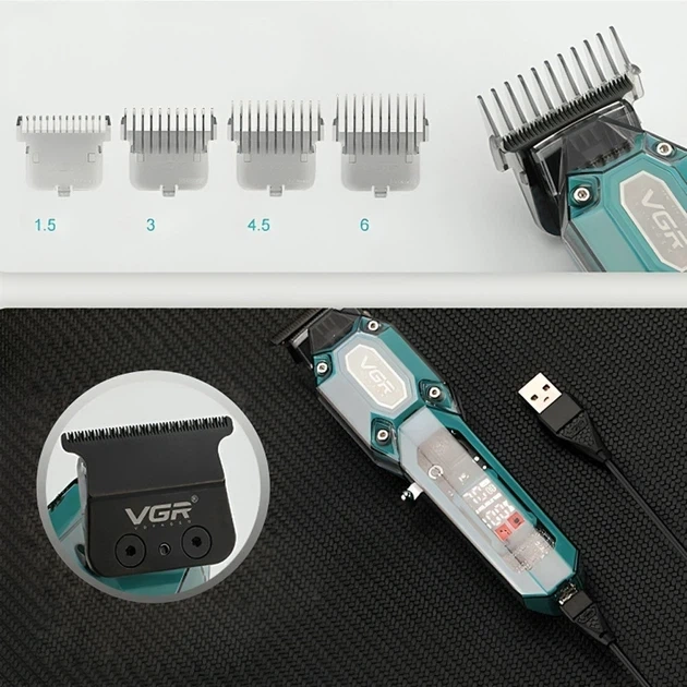 Аккумуляторный мужской триммер VGR V900 с USB-зарядкой и 4 насадками 9984 - изображение 3