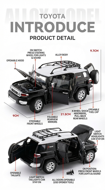 Модель авто Toyota FJ Cruiser 1:24 чорна | колекційна металева die-cast модель SUV - Фото 4 Модель авто Toyota FJ Cruiser 1:24 чорна | колекційна металева die-cast модель SUV - зображення 4