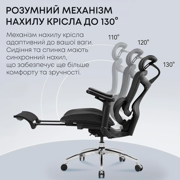 Крісло офісне з підставкою для ніг Sihoo DORO C300L Mesh Black with footrest - зображення 8