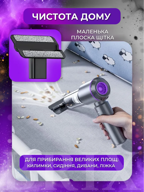 Пылесос автомобильный Серый с фиолетовым 15 kPa 6000 mAh 3-в-1 с функцией выдува и вакууматора - изображение 10
