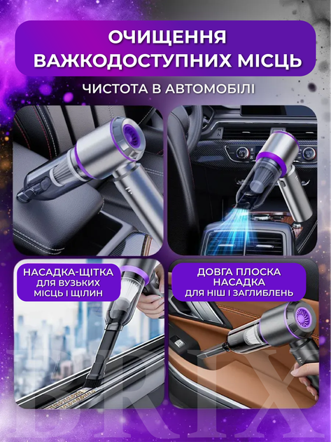 Пылесос автомобильный Серый с фиолетовым 15 kPa 6000 mAh 3-в-1 с функцией выдува и вакууматора - изображение 11