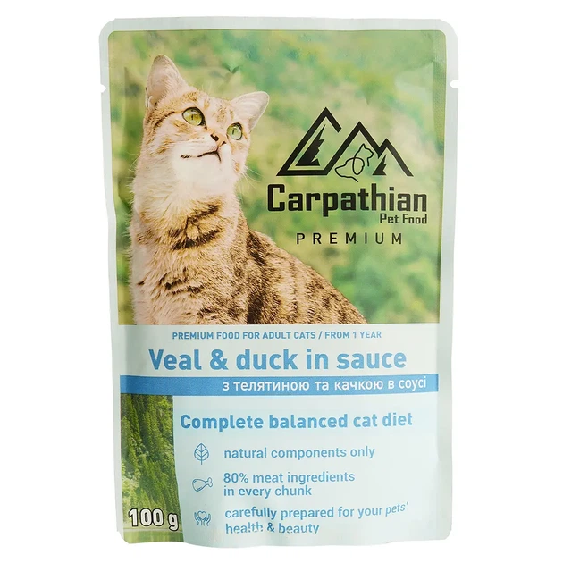 Влажный корм для кошек Carpathian Pet Food телятина с уткой в соусе 24×100 г - Фото 3 Влажный корм для кошек Carpathian Pet Food телятина с уткой в соусе 24×100 г - изображение 3
