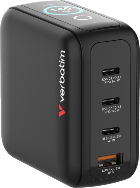 Мережевий зарядний пристрій Verbatim Mini GaN Charger 4-port 140W with Display Black (23942302407) - зображення 2