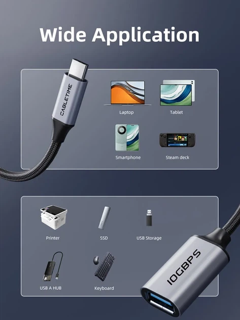 Кабель Cabletime USB 3.2 Type-C Male to USB 3.2 Type-A Female, 0.5 m, 10Gbs, Black (CP62G) - Фото 3 Кабель Cabletime USB 3.2 Type-C Male to USB 3.2 Type-A Female, 0.5 m, 10Gbs, Black (CP62G) - изображение 3
