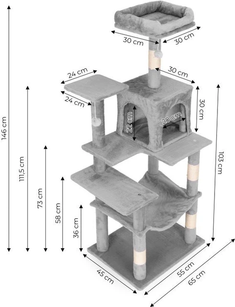 Drapak Petsi AIE-ATS39 wieża z domkiem 146 cm Szary (5905817010448) - obraz 6