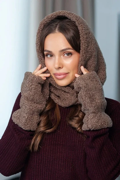 Капор и митенки из эко-меха Тедди Люкс 205-030 цвет мокко - Фото 1 Капор и митенки из эко-меха Тедди Люкс 205-030 цвет мокко - изображение 1