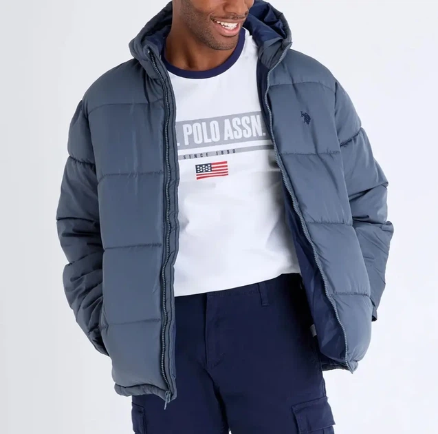 Мужская пуховая куртка U.S.Polo Assn однотонная с капюшоном L серый металик - изображение 4