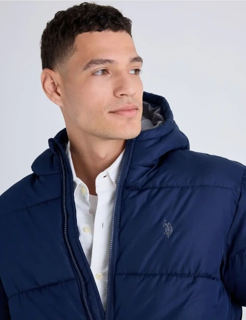 Мужская пуховая куртка US Polo Assn однотонная с капюшоном L синяя - изображение 5