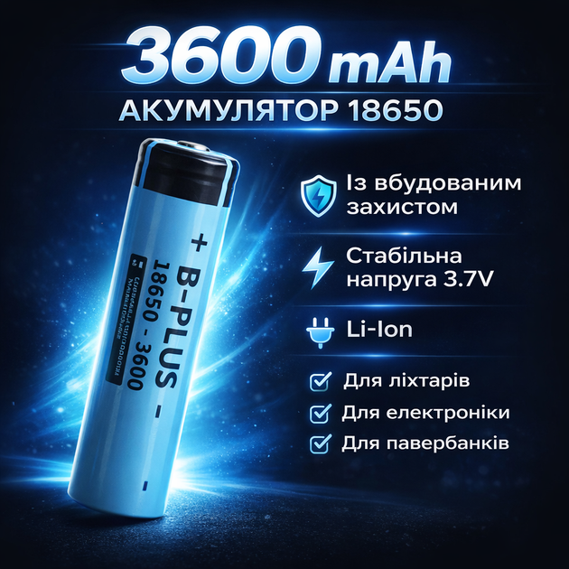 Аккумулятор B+plus 3600 mAh 18650 для фонарей Li-Ion 3.7v с защитой - Фото 1 Аккумулятор B+plus 3600 mAh 18650 для фонарей Li-Ion 3.7v с защитой - изображение 1