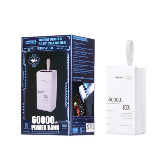 Потужний Повербанк Powerbank REMAX 60 000 mAh RPP-650, PD 100 Вт, заряджання ноутбуків, 2×USB-C + USB-A - зображення 2
