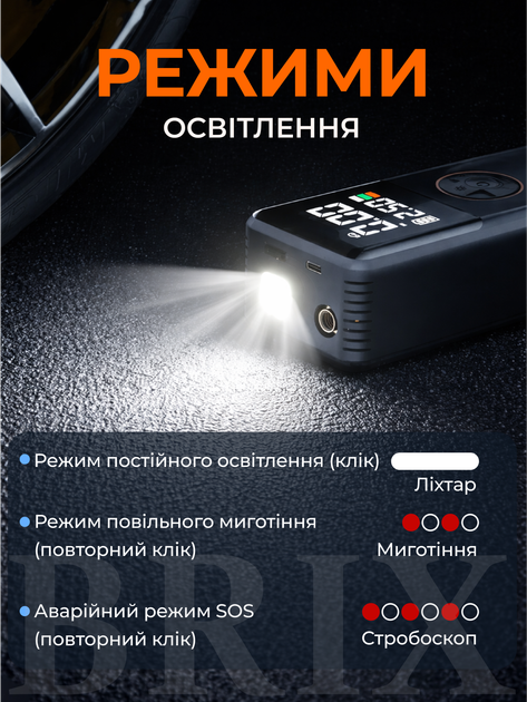 Компресор автомобільний Чорний 70W 20л/хв Акумуляторний з функцією PowerBank та LED-ліхтарем - зображення 3