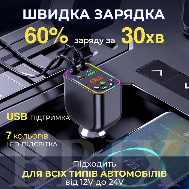 FM-модулятор трансмиттер Bluetooth 5.0 с выдвижными кабелями Type-C/Lightning и быстрой зарядкой 100W Черный - изображение 4