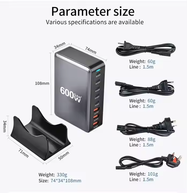 Блок живлення Type-C зарядний пристрій USB Хаб GaN 600W (600Вт) Швидка Зарядка для ноутбука та телефону PD 140W - Фото 9 Блок живлення Type-C зарядний пристрій USB Хаб GaN 600W (600Вт) Швидка Зарядка для ноутбука та телефону PD 140W - зображення 9