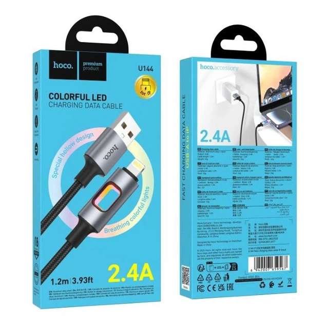 Кабель Hoco U144 Lightning 1.2м 2.4A чорний для iPhone із захистом від перегинів - зображення 2