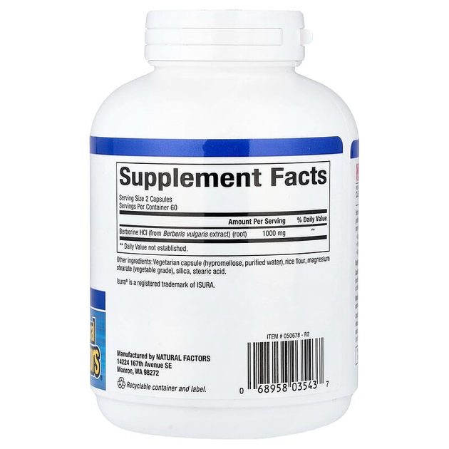 Берберин гідрохлорид Natural Factors "WellBetX Berberine" з екстракту кореня барберису для серцево-судинної системи та кишечника, 1000 мг на порцію / 500 мг на капсулу (120 вегетаріанських капсул) - зображення 2