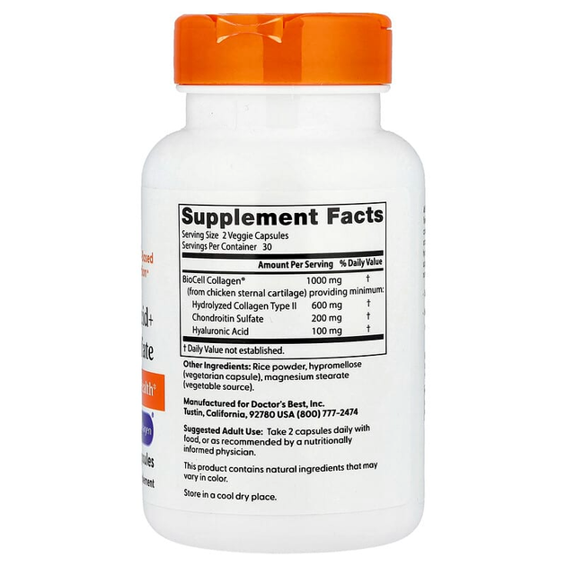 Гиалуроновая кислота и Сульфат хондроитина Doctor's Best "Hyaluronic Acid + Chondroitin Sulfate" хондропротектор (60 капсул) - изображение 2
