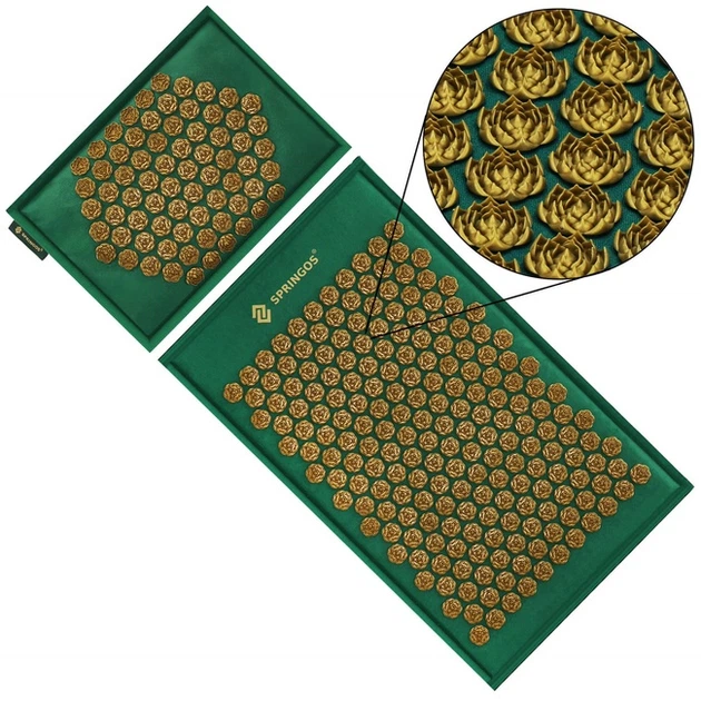 Mata zdrowotna do akupresury Springos FA0154 z kolcami z poduszką 65 x 40 cm Zielono-złota (5907719490205) - obraz 4