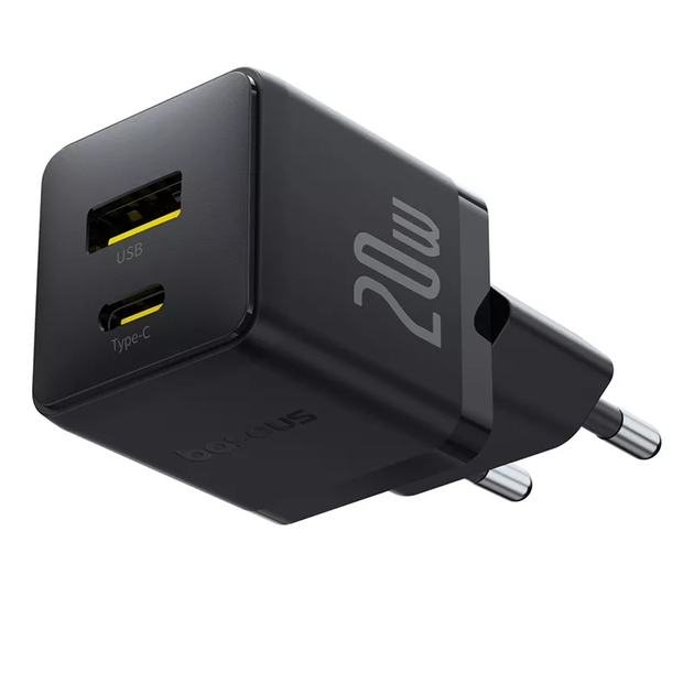 Мережевий зарядний пристрій Baseus Palm Fast Charger USB-C + USB-A 20W EU Cluster Black - зображення 2