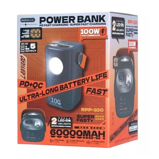 Павербанк для ноутбука Remax RPP-100 60000 mAh 100W 3USB/2Type-C/Power Bank QC3.0+PD3.0 з ЛІХТАРИКОМ Blue - зображення 9