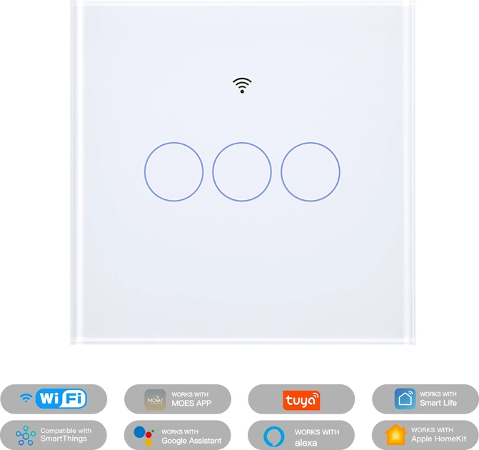 Розумний перемикач Moes Matter Wi-Fi скляний сенсорний на 3 канали Білий (MWS-EU3-WH) - зображення 2