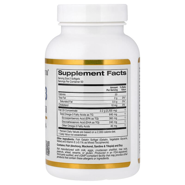 Премиальный рыбий жир California GOLD Nutrition "Omega-3 Premium Fish Oil" жирные кислоты омега-3, 1100 мг (100 капсул из рыбьего желатина) - изображение 2