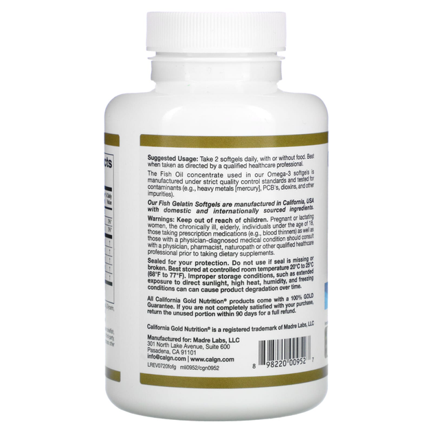 Премиальный рыбий жир California GOLD Nutrition "Omega-3 Premium Fish Oil" жирные кислоты омега-3, 1100 мг (100 капсул из рыбьего желатина) - изображение 3