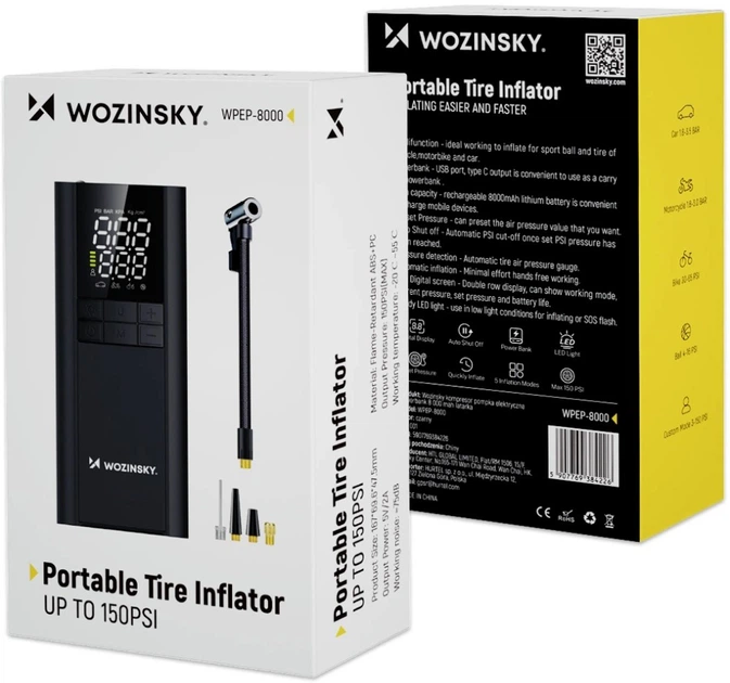 Samochodowy przenośny kompresor Wozinsky WPEP-8000 150 PSI Power Bank 8000 mAh Black (5907769384226) - obraz 6