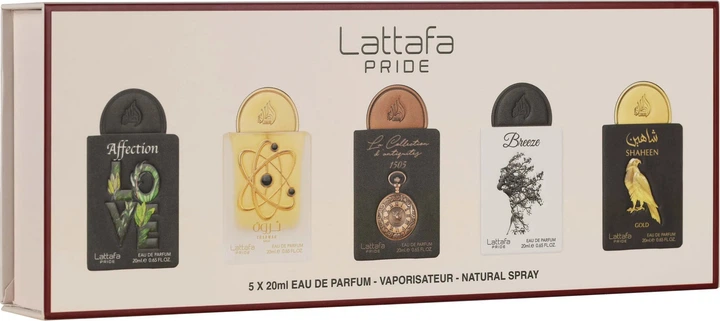 Набір парфумованих вод унісекс Lattafa Pride Affection 20 мл + Tharwah Gold 20 мл + La Collection d’antiquity 1505 20 мл + Breeze 20 мл + Shaheen Gold 20 мл (6290362348108) - зображення 1