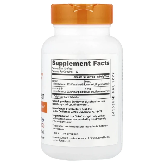 Doctor's Best, лютеїн з Lutemax 2020, 20 мг, 180 капсул (DRB-00370) - зображення 2