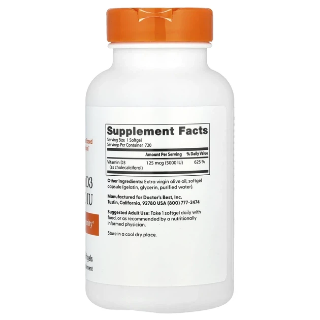 Вітамін D3 Doctor's Best (Vitamin D3) 125 мкг (5000 МО) 720 капсул (DRB-00363) - зображення 2