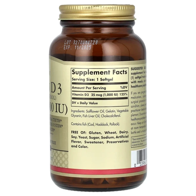 Вітамін D3 (холекальциферол) Solgar (Vitamin D3) 25 мкг (1000 МО) 250 капсул (SOL-03341) - изображение 2