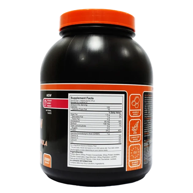 Whey Protein = 80% белка + Gaba формула ( 2 кг / банка ) Протеин со вкусом : земляничный пунш TM Bioline - изображение 2