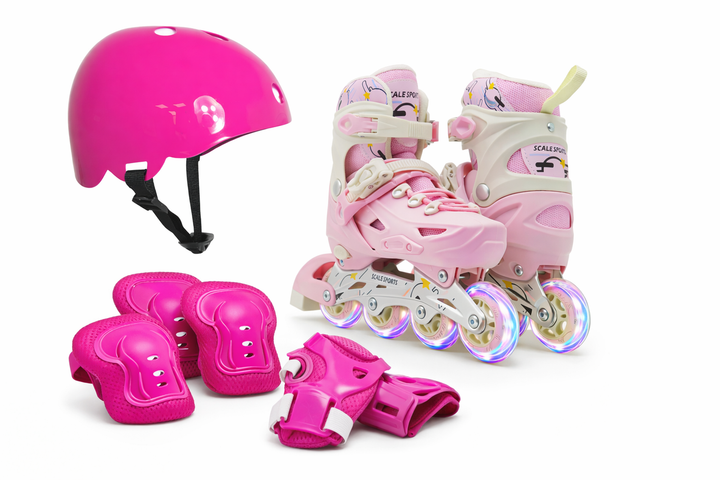 Комплект дитячих роликів + захист + шолом Model Pink Scale Sports. Усі колеса світяться. Розмір 29-33 - Фото 2 Комплект дитячих роликів + захист + шолом Model Pink Scale Sports. Усі колеса світяться. Розмір 29-33 - зображення 2