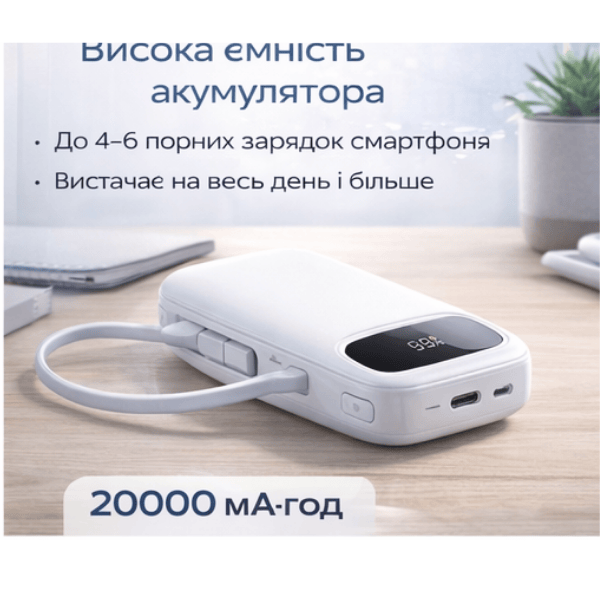 Power Bank Baseus PD 45W 20000 mAh з вбудованим кабелем USB-C / Lightning, швидка зарядка White - изображение 4