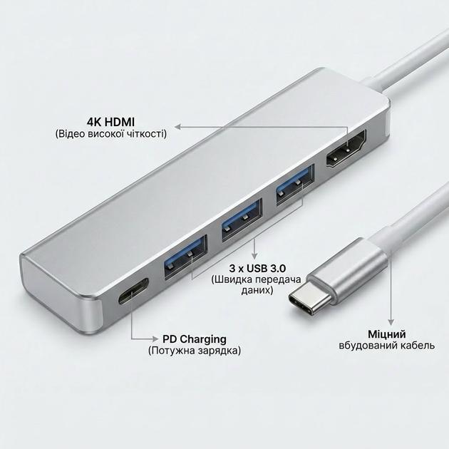 USB хаб переходник для ноутбука USB Type C to HDMI Type-C 3xUSB 3.0 5в1 Pavlysh UH-С-51 - изображение 3