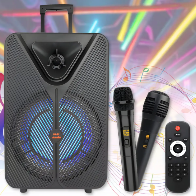 Портативна Bluetooth-колонка на колесах SPS ZQS15123 40 Вт з мікрофонами та LED підсвічуванням 3000 mAh Black (10381) - зображення 7