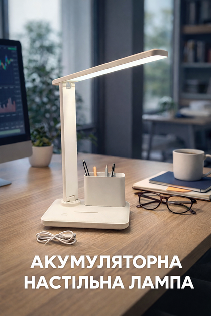 Акумуляторна настільна LED лампа 60W з поворотним плафоном та органайзером - зображення 6
