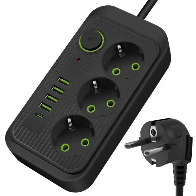 Мережевий фільтр Power з USB та Type-C, подовжувач на 3 розетки, 6 метрів, Чорний - зображення 5