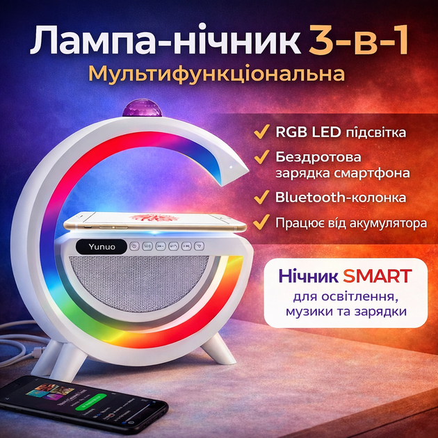 Лампа-ночник с беспроводной зарядкой, Bluetooth-колонкой и RGB LED подсветкой 15Вт + дискокуля, YN-2366 - Фото 1 Лампа-ночник с беспроводной зарядкой, Bluetooth-колонкой и RGB LED подсветкой 15Вт + дискокуля, YN-2366 - изображение 1