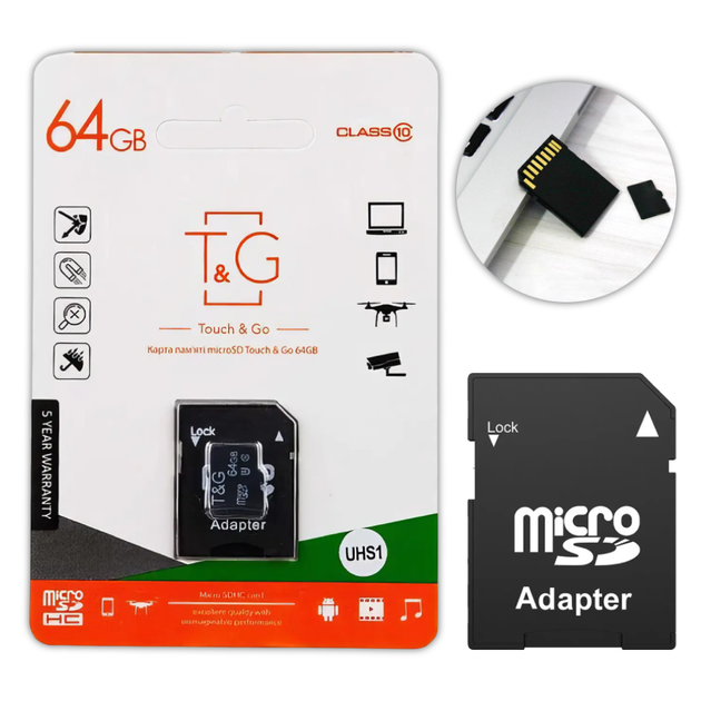 Карта памяти 64 Gb microSD T&G флешка с адаптером-картридером флеш память для ноутбука, телефона, планшета, камеры TC - Фото 7 Карта памяти 64 Gb microSD T&G флешка с адаптером-картридером флеш память для ноутбука, телефона, планшета, камеры TC - изображение 7