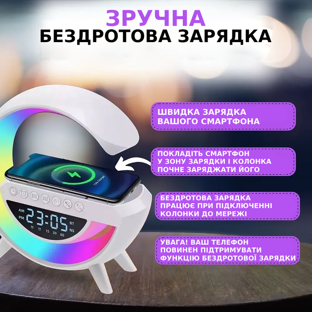 Смарт-лампа-нічник 6в1 з Bluetooth Колонкою LED настільна з будильником, бездротовою зарядкою та радіо TC - зображення 3