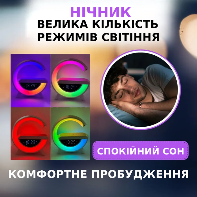 Смарт-лампа-нічник 6в1 з Bluetooth Колонкою LED настільна з будильником, бездротовою зарядкою та радіо TC - зображення 4