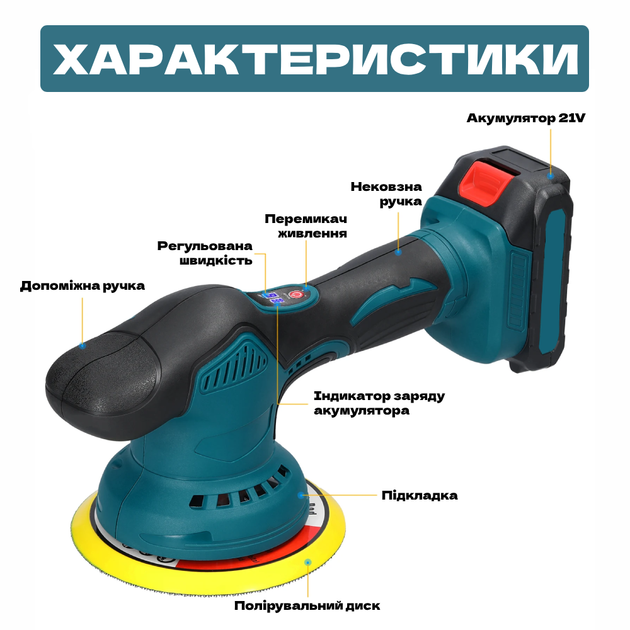 Аккумуляторная полировальная машинка 21V для автомобиля Шлифовальная машина для шлифовки авто c 6 скоростями TC - Фото 2 Аккумуляторная полировальная машинка 21V для автомобиля Шлифовальная машина для шлифовки авто c 6 скоростями TC - изображение 2