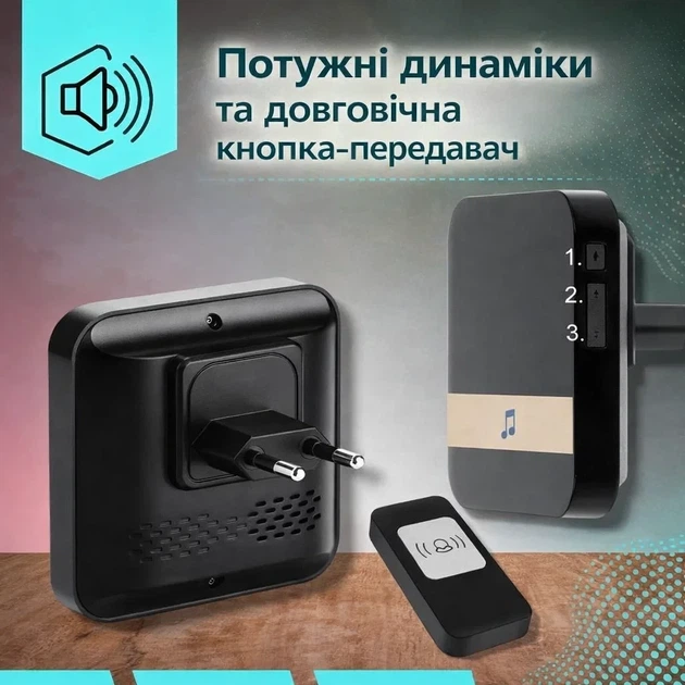 Бездротовий дверний дзвінок, 1 кнопка та 2 приймачі, до 300 м, 55 мелодій, регулювання гучності 10–95 дБ, чорний - Фото 4 Бездротовий дверний дзвінок, 1 кнопка та 2 приймачі, до 300 м, 55 мелодій, регулювання гучності 10–95 дБ, чорний - зображення 4