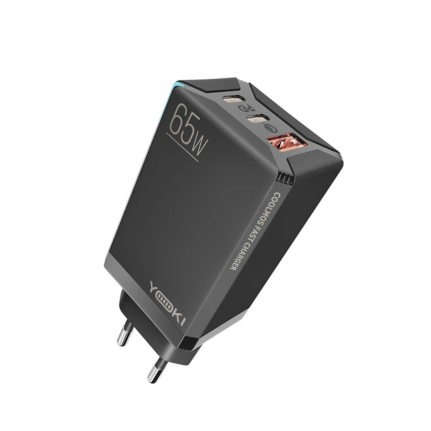 Мережевий зарядний пристрій YOKI Led Series YK-65 GaN Ultra PD 65W потужний оригінальний універсальний якісний портативний мережевий адаптер із швидким заряджанням Чорний - зображення 3