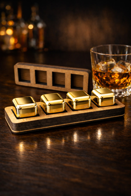 Охлаждающие кубики для виски Gold 4 шт в деревянном кейсе - изображение 3