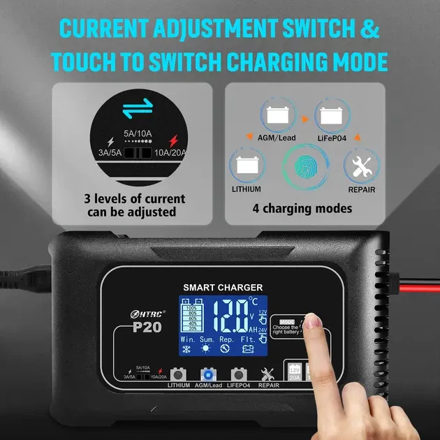 Универсальное зарядное устройство HTRC P20 12V/24V 20A smart charger для авто ремонта аккумулятора - изображение 4