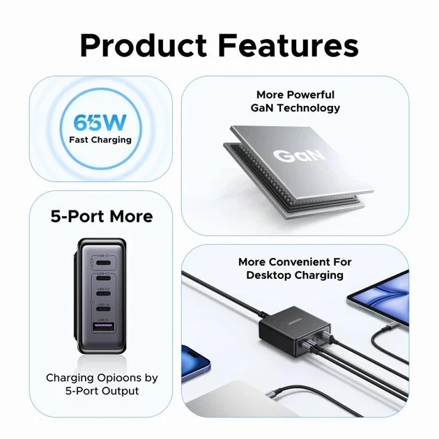 Зарядное устройство 5-дюймовое 1 Ugreen X767 65W 5 Port GaN Desktop Fast Charger PPS QC4.0 PD3.0 - изображение 5