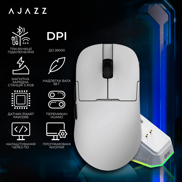 Ігрова бездротова миша Ajazz AJ159Pro Bluetooth/2.4 ГГц/USB-C до 26000 dpi з магнітною станцією White (AJ159-PRO-W) - зображення 3